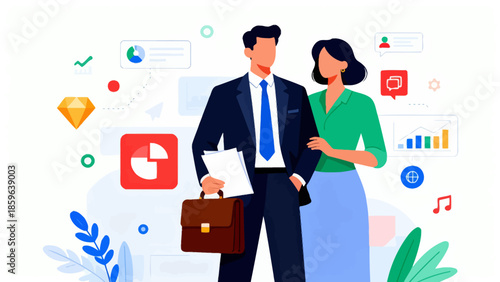 Business professionals with icons