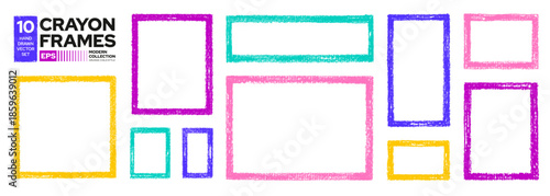 Crayon frame. Children hand drawn box. Square rectangle border. Crayon, pastel, pencil children frames pattern. Line text or photo doodle box set. Backdrop stamp drawing png. Irregular color shape bg