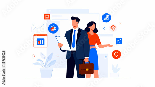 Business professionals with documents and icons