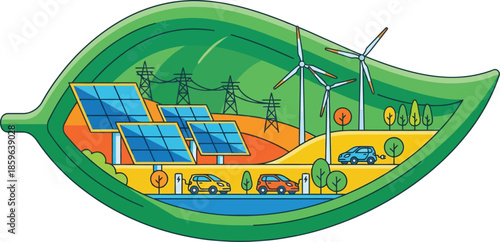 Renewable energy landscape inside green leaf showing solar panels wind turbines and electric cars driving on road representing sustainable power and eco transport.