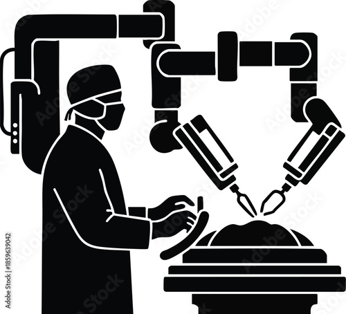 Medical robotic surgery vector icon. Doctor with modern surgical robot. Future medicine.