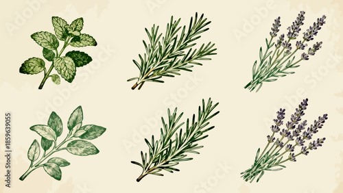 Illustrated herbs on textured paper