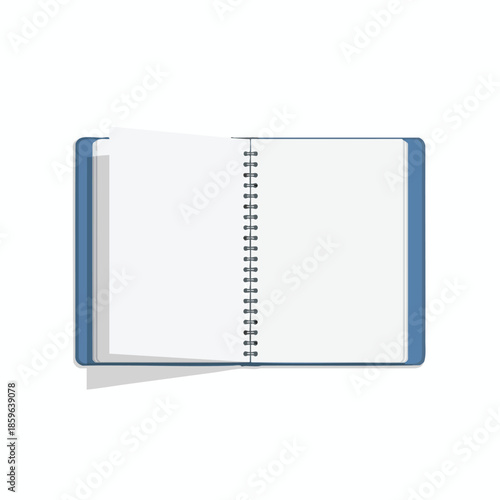 A flat illustration of an opened spiral notebook, casting a subtle shadow