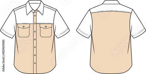 Short sleeve button shirt technical illustration, front and back view fashion flat sketch casual colorblock apparel design template artwork