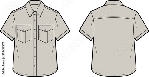 Short sleeve button-up shirt technical sketch, front and back view, chest pockets, pointed collar, fashion design template, garment illustration