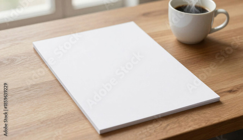 Crisp white A4 paper in a cozy and professional mood slightly angled on a wooden desk with a steaming coffee cup and soft daylight