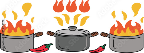 Spicy cooking pots vector illustration, cartoon kitchen pots with flames and red chili peppers for hot food concepts