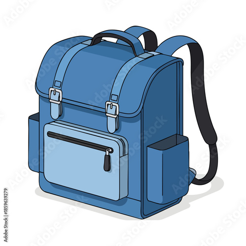 A blue, cartoon-style backpack with straps and a front pocket