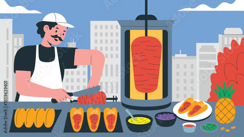 Mexican taco vendor preparing tacos al pastor at urban street stall, modern flat vector illustration for Latin food, street cuisine, and culinary culture projects.