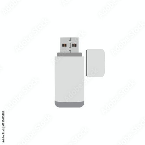 Illustration of a silver USB flash drive with the cap detached and placed to its right