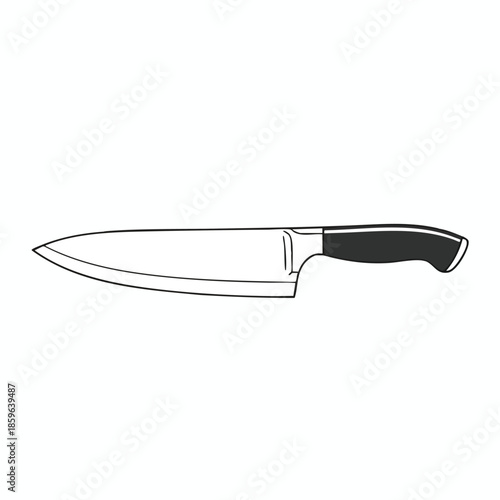 Simple black and white chef's knife illustration. The blade is long and pointy