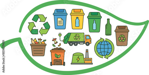 Colorful recycling and waste management icons inside green leaf shape showing trash bins garbage truck and eco friendly sustainability symbols for zero waste ecology.