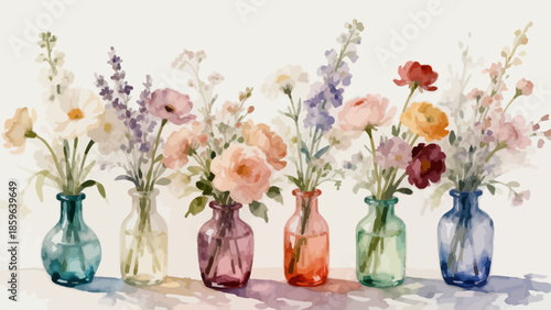 Watercolor flowers in colorful vases