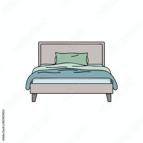 A simple, cartoon illustration of a bed with a pillow, blankets and headboard