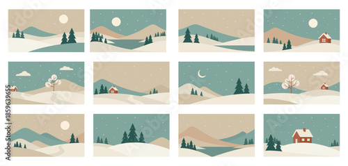 Minimalistic snowy winter landscape illustrations in Scandinavian style. Hand drawn vector design