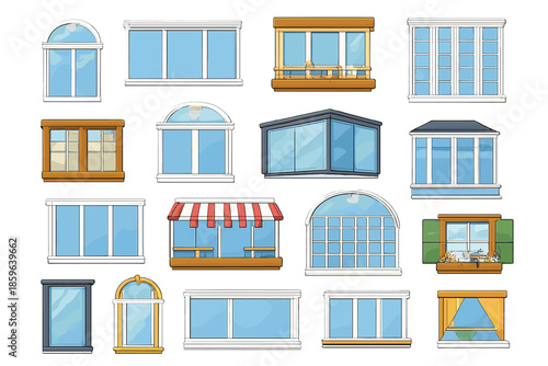 Collection of diverse window styles illustrated on a gray background