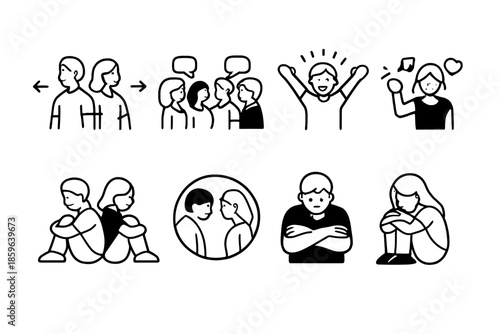 Icons representing human emotions and social interactions