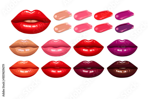 Collection of Realistic Shiny Lipstick Swatches and Lips