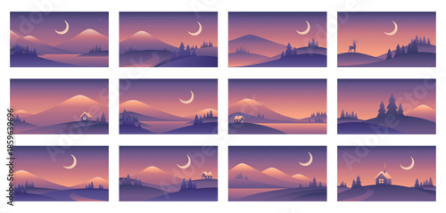 Set of minimalistic landscapes in purple colors. Mountains and night sky. Vector gradient illustrations