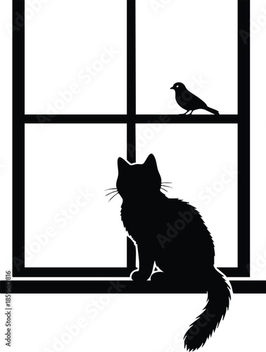 Silhouette of a cat watching birds through a window. Illustrative scene of curiosity and nature interaction.