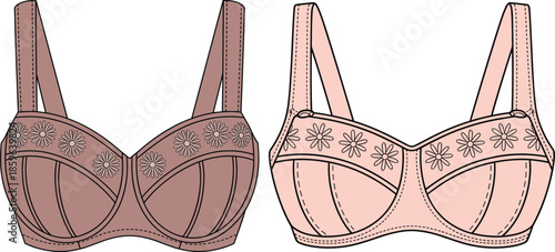 Two women's bras, brown and pink, embroidered floral lace, underwire support, wide straps, stitched panels, fashion illustration, lingerie design, comparison