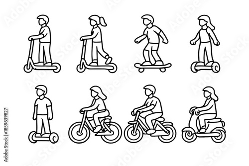 Set of figures riding various personal transport vehicles