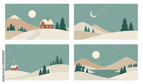 Minimalistic winter night landscape illustrations in Scandinavian style. Hand drawn vector design
