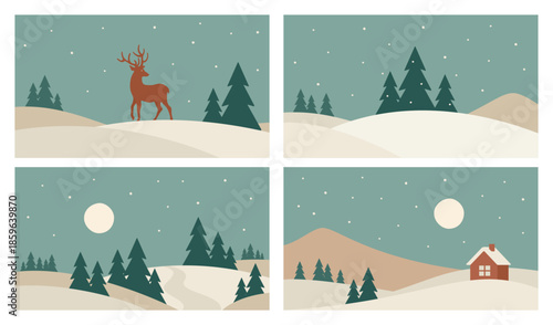 Minimalistic winter night landscape illustrations. Vector design in Scandinavian style