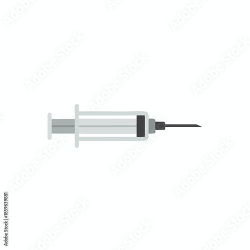 A flat-design syringe, grey with black plunger and needle, on a white background