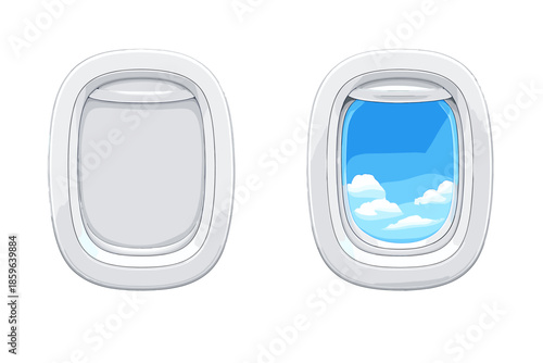 Airplane windows showing clouds and blue sky