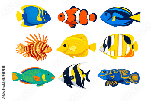 Collection of vibrant tropical fish swimming in glowing water