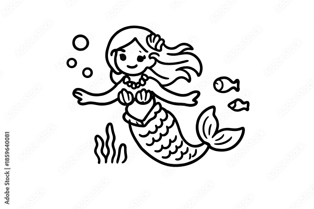 Obraz premium Cute cartoon mermaid swimming with fish and bubbles