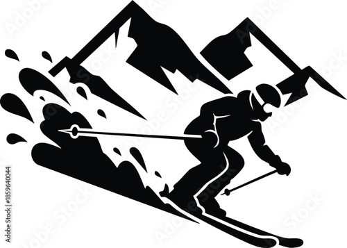 Skiing graphic. Skier carving on mountain with snow spray. Winter adventure.