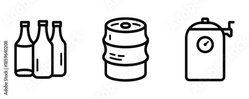 Beer bottles and keg on a clean white background