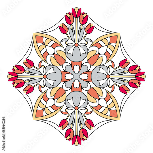 Colorful tulip mandala ornament design in stained glass style