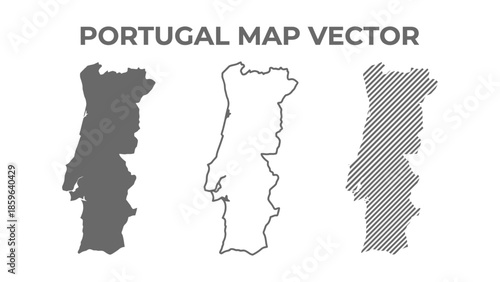 Vector illustrations of Portugal map in various styles are shown.