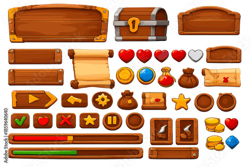 Collection of game interface elements on a warm background