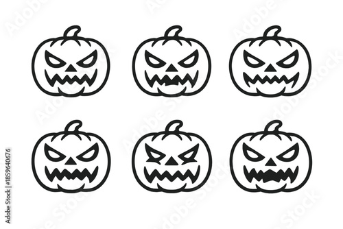 Six Halloween jack-o'-lanterns on a dark background