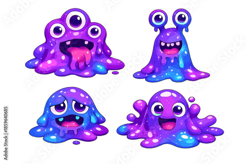 Four Cute Cartoon Slime Monsters with Big Eyes