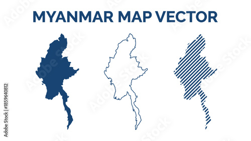 Myanmar map vector illustration with three different style representations shown