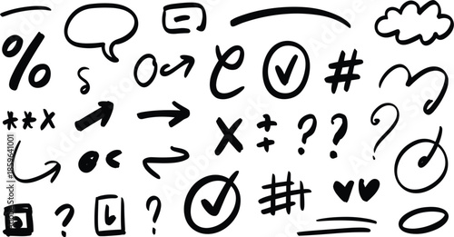 Hand drawn doodle and symbol vector set, collection of black ink arrows, checkmarks, speech bubbles, and decorative accents