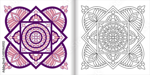 Coloring page and colored version of intricate mandala design with floral and geometric patterns, symmetrical square and diamond shapes