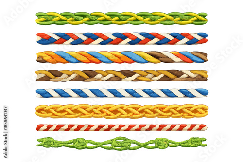 Collection of braided and twisted ropes in various colors and patterns