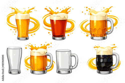 Six glasses of beer with frothy heads and splashes