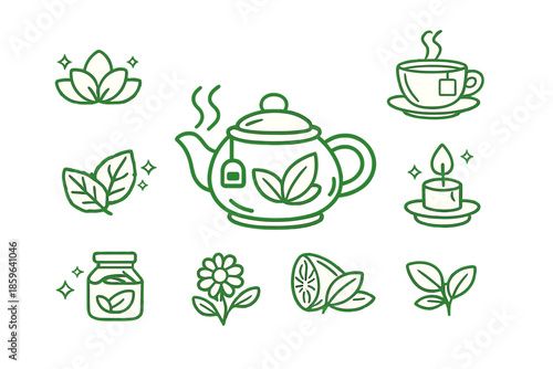 Green tea icons on a gradient background