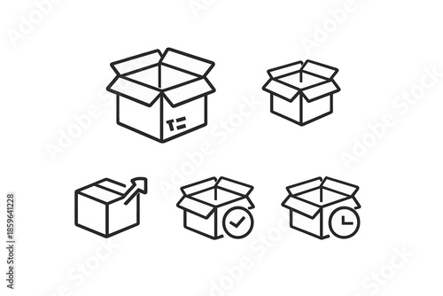 Set of stylized icons of opened boxes with different labels