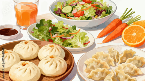 Assorted Asian dishes and fresh vegetables