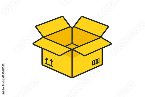 Open Yellow Cardboard Box Icon with Shipping Symbols