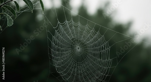 Wallpaper Mural Intricate Spider Web on a Leafy Background with Dew Droplets in Soft Focus Torontodigital.ca