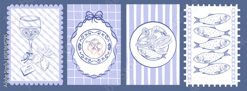 Vintage Hand drawn Italian posters set with stamp frames sardines,limoncello, lemon drink, tomato plate, seafood dish, fish. Amalfi beach vacation bg. Mediterranean Summer food from Italy. Blue ink